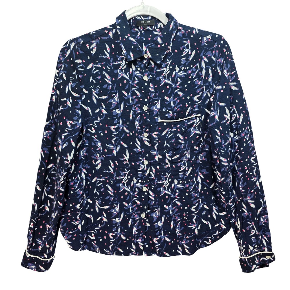 French Paris Button Down Shirt Womens M Floral Long Sleeve Navy Blue Pocket